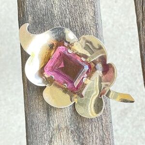 Artisan Sterling Brooch Large Leaf Purple Amethyst Color Glass Prong Set Stone